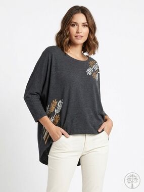 Synergy Organic Clothing Boxy Feather Graphic Top M Charcoal Grey Mint